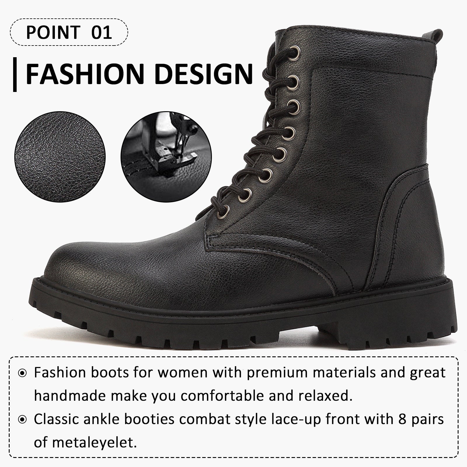 Hanani Boots for Women Waterproof Ankle Boots Work boots Lace Up Ladies boots Side Zipper Combat Boots Walking Boots Womens Black Boots Platform Leath