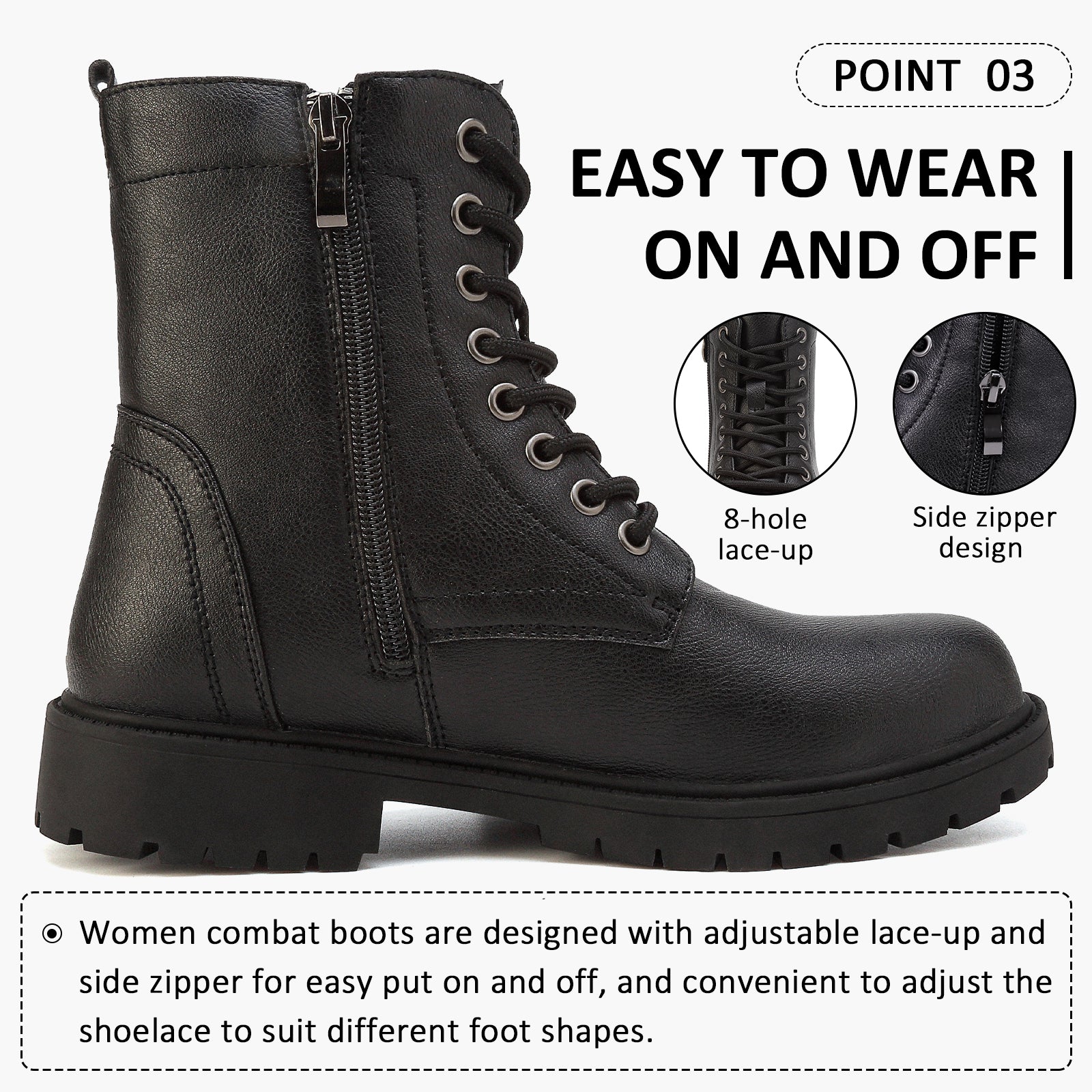 Hanani Boots for Women Waterproof Ankle Boots Work boots Lace Up Ladies boots Side Zipper Combat Boots Walking Boots Womens Black Boots Platform Leath