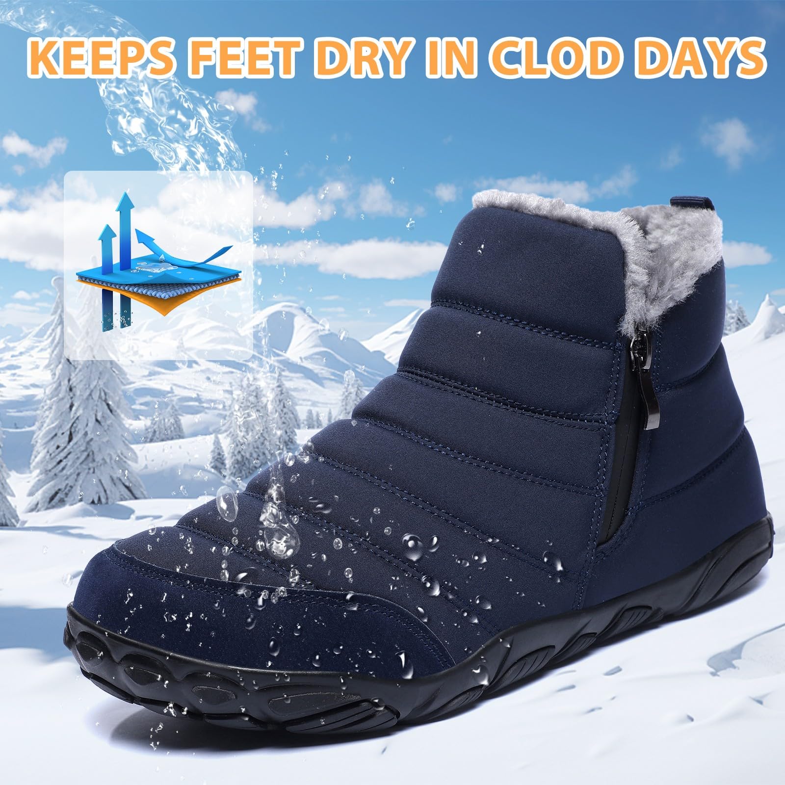 GoodValue Men Barefoot Winter Boots Snow Minimalist Zero Drop Boots Zipper Ankle Boots Wide Toe Box Sneakers Workout Footwear Shoes Boots