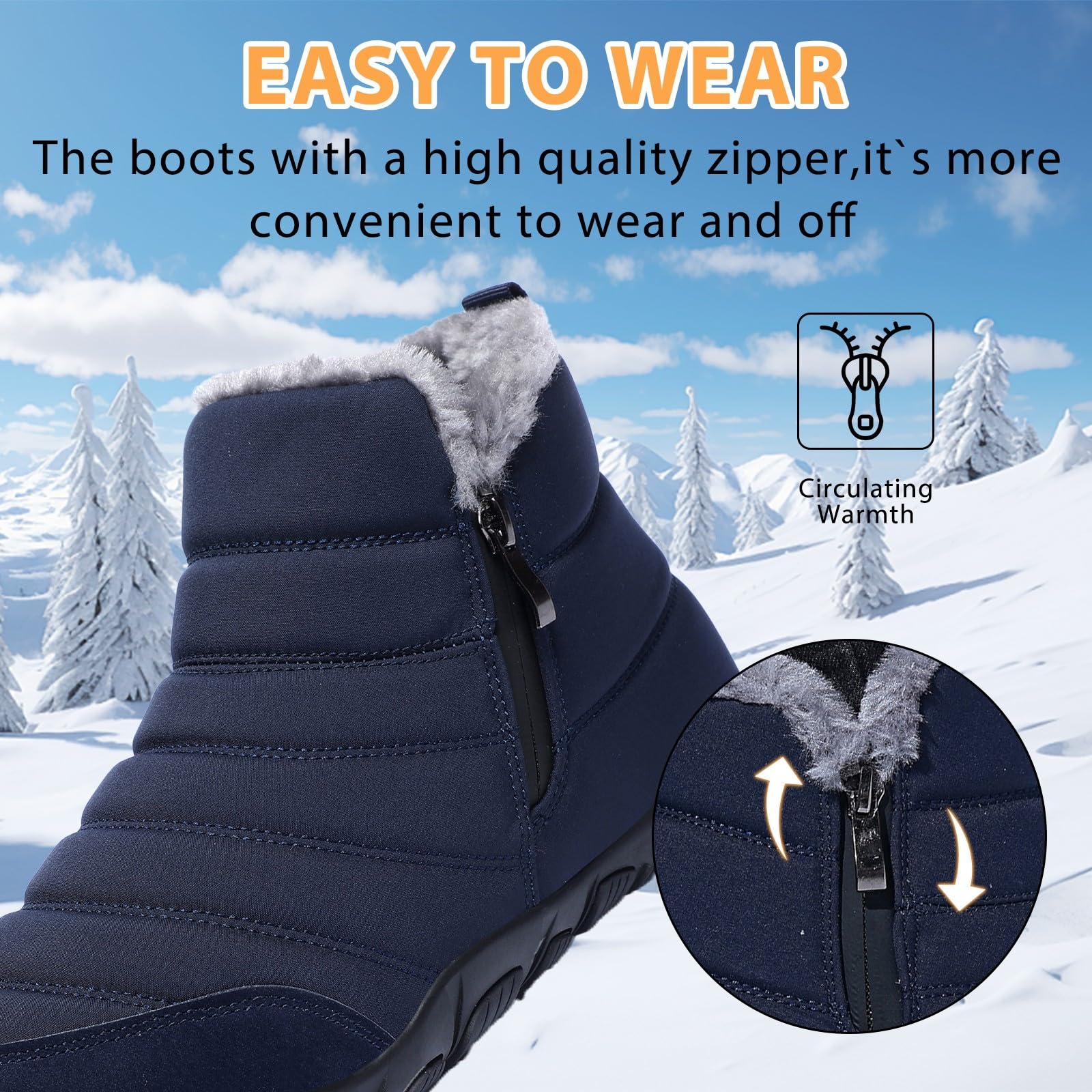 GoodValue Men Barefoot Winter Boots Snow Minimalist Zero Drop Boots Zipper Ankle Boots Wide Toe Box Sneakers Workout Footwear Shoes Boots