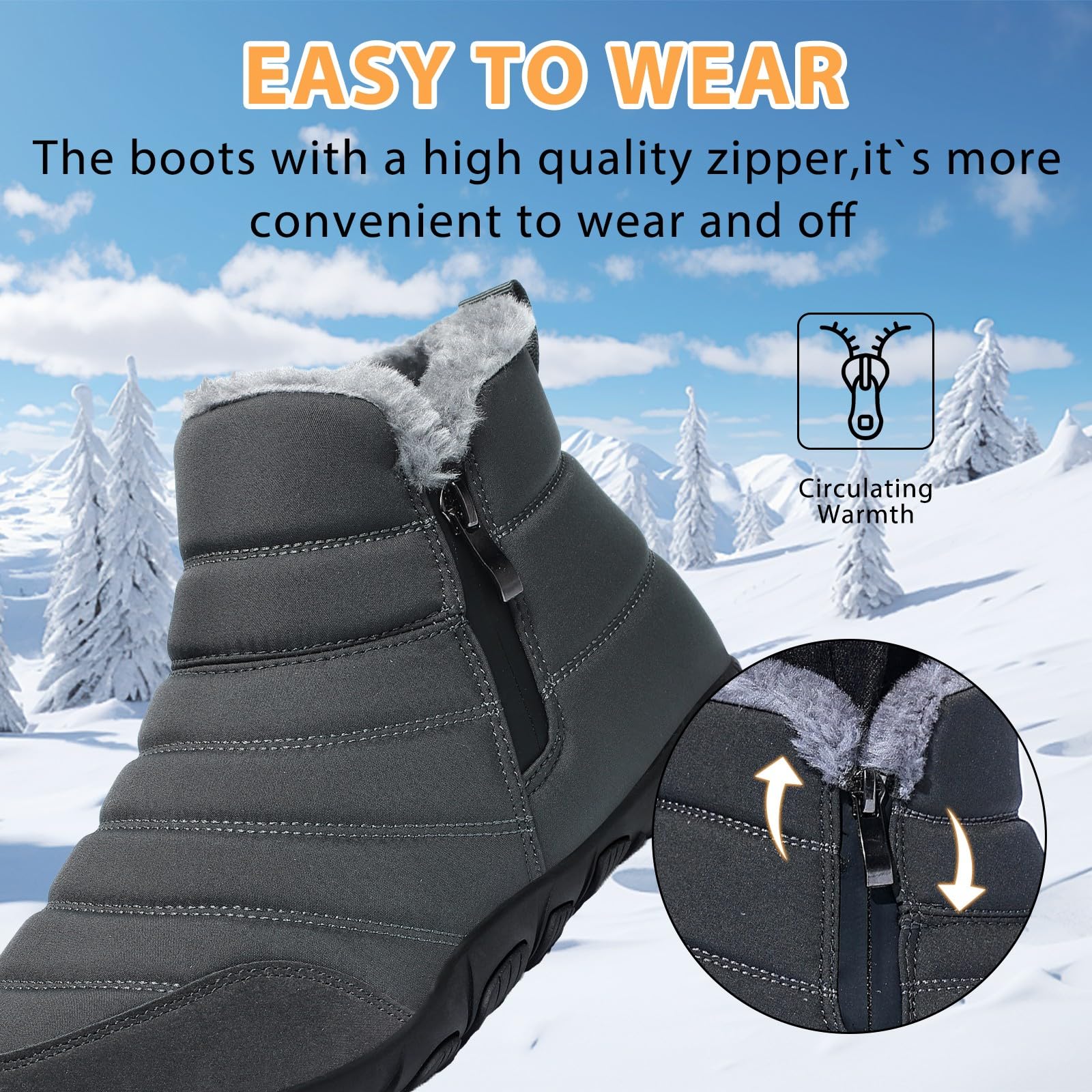 GoodValue Men Barefoot Winter Boots Snow Minimalist Zero Drop Boots Zipper Ankle Boots Wide Toe Box Sneakers Workout Footwear Shoes Boots